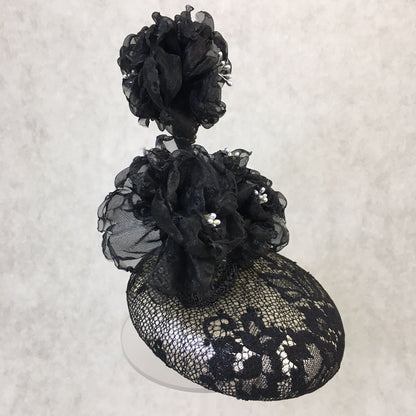 Birdie: Petite Dome Cocktail Fascinator Accented with Hand Made Black Organza Floral Vine