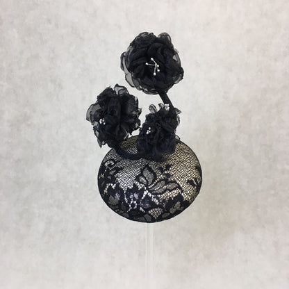 Birdie: Petite Dome Cocktail Fascinator Accented with Hand Made Black Organza Floral Vine