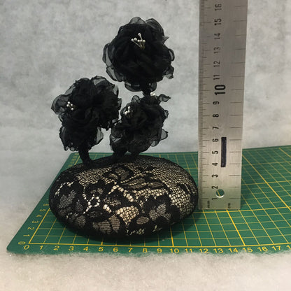 Birdie: Petite Dome Cocktail Fascinator Accented with Hand Made Black Organza Floral Vine
