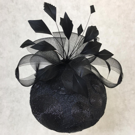 Blakely: Blake Dome Cocktail Fascinator Trimmed with Feather Spray and Crin Bows
