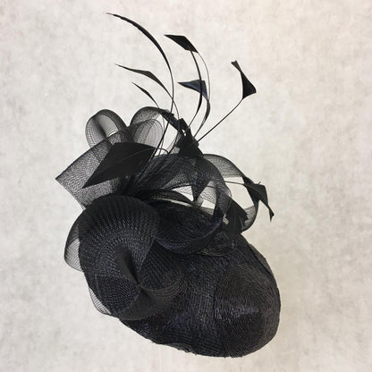 Blakely: Blake Dome Cocktail Fascinator Trimmed with Feather Spray and Crin Bows