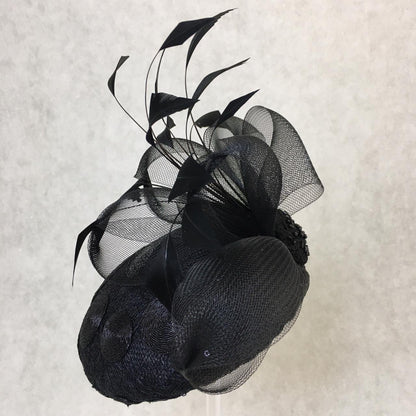 Blakely: Blake Dome Cocktail Fascinator Trimmed with Feather Spray and Crin Bows