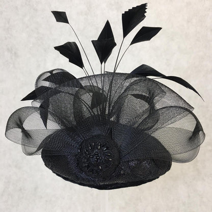 Blakely: Blake Dome Cocktail Fascinator Trimmed with Feather Spray and Crin Bows