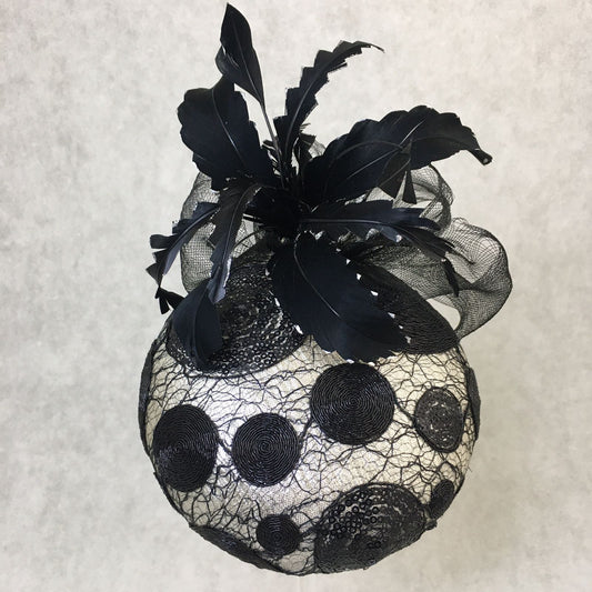 Brianna: Black and Silver Dome Cocktail Fascinator Accented with a Hand Pained Feathers and Distressed Crinoline Bow