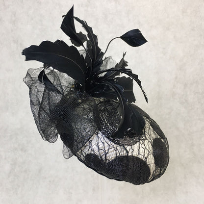 Brianna: Black and Silver Dome Cocktail Fascinator Accented with a Hand Pained Feathers and Distressed Crinoline Bow