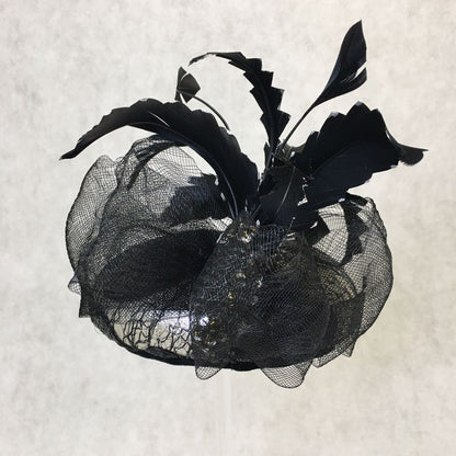 Brianna: Black and Silver Dome Cocktail Fascinator Accented with a Hand Pained Feathers and Distressed Crinoline Bow