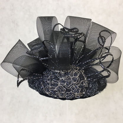 Brooke: Handmade Black and Silver Dome Cocktail Fascinator, Accented with Crinoline Loops