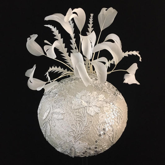 Waverley: White and Cream Dome Cocktail Fascinator Accented with Hand Trimmed Feather Spray