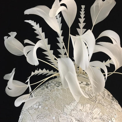 Waverley: White and Cream Dome Cocktail Fascinator Accented with Hand Trimmed Feather Spray