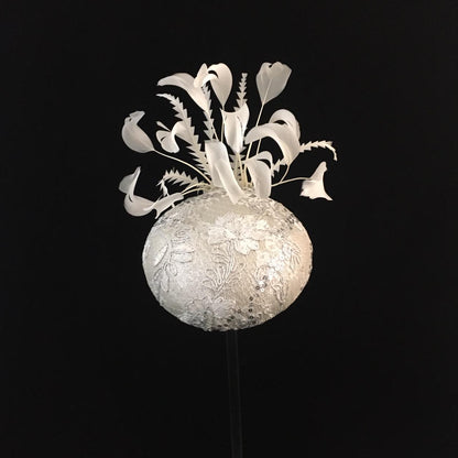 Waverley: White and Cream Dome Cocktail Fascinator Accented with Hand Trimmed Feather Spray