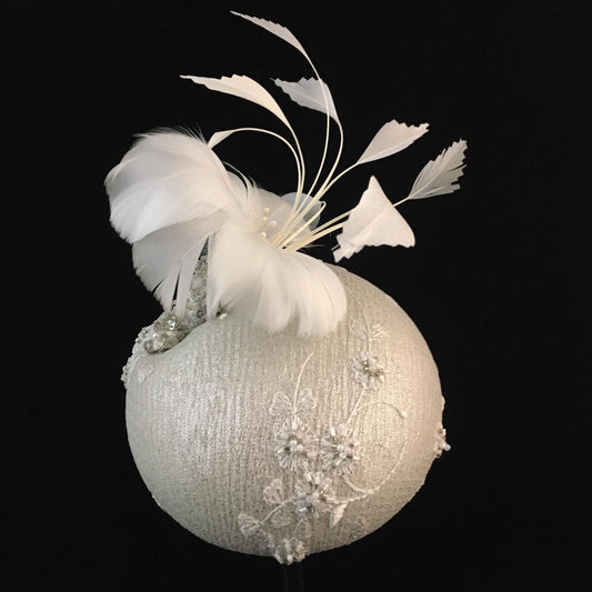 Wendi: White Compact Dome Cocktail Fascinator Adorned with Hand Beaded lace Overlay Accented with Handmade Feather Floral