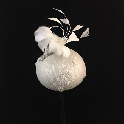 Wendi: White Compact Dome Cocktail Fascinator Adorned with Hand Beaded lace Overlay Accented with Handmade Feather Floral