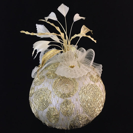 Whitney: Gold and Cream Dome Cocktail Fascinator Accented with Hand Painted Feather Spray