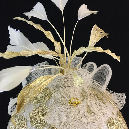 Whitney: Gold and Cream Dome Cocktail Fascinator Accented with Hand Painted Feather Spray