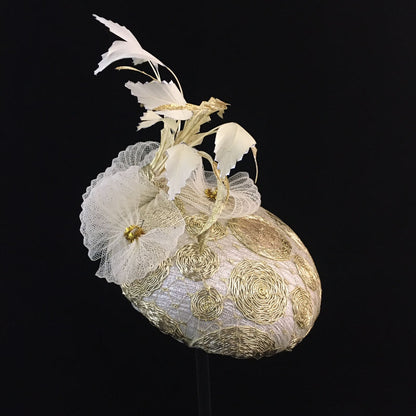 Whitney: Gold and Cream Dome Cocktail Fascinator Accented with Hand Painted Feather Spray