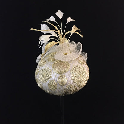 Whitney: Gold and Cream Dome Cocktail Fascinator Accented with Hand Painted Feather Spray