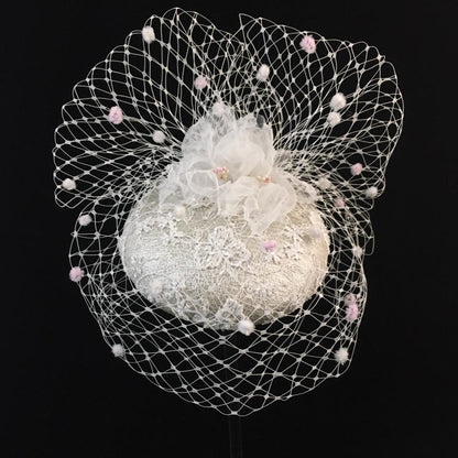 Wilhelmina: White and Pink Spotted Veiling Dome Cocktail Fascinator Accented with Handmade Organza Flowers