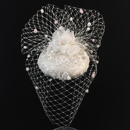 Wilhelmina: White and Pink Spotted Veiling Dome Cocktail Fascinator Accented with Handmade Organza Flowers
