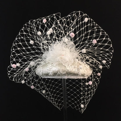 Wilhelmina: White and Pink Spotted Veiling Dome Cocktail Fascinator Accented with Handmade Organza Flowers