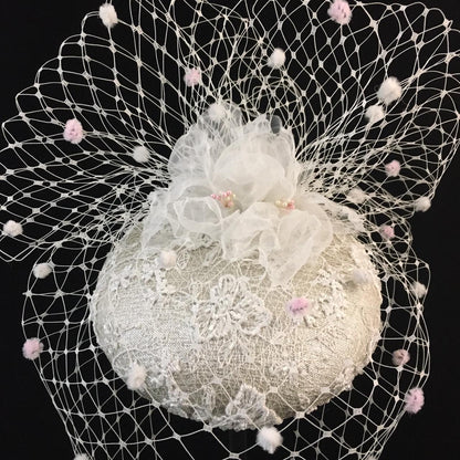 Wilhelmina: White and Pink Spotted Veiling Dome Cocktail Fascinator Accented with Handmade Organza Flowers