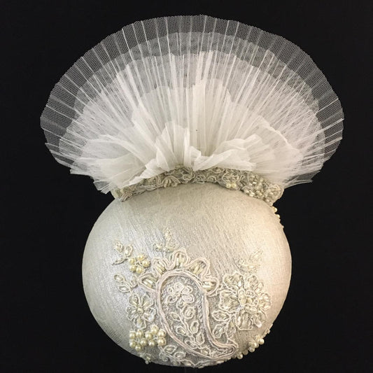 Willow: Cream Hand Beaded Dome Cocktail Fascinator Flared with Layers of Pleated Tulle
