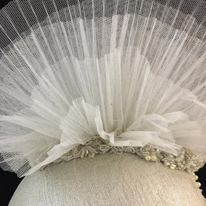 Willow: Cream Hand Beaded Dome Cocktail Fascinator Flared with Layers of Pleated Tulle