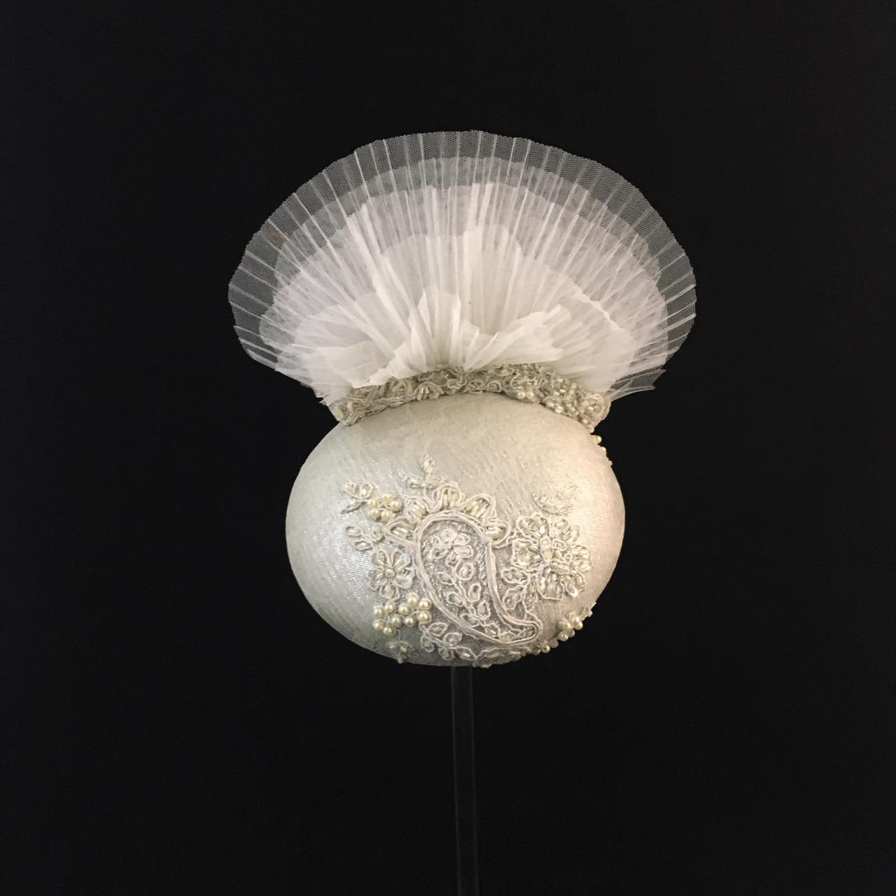 Willow: Cream Hand Beaded Dome Cocktail Fascinator Flared with Layers of Pleated Tulle