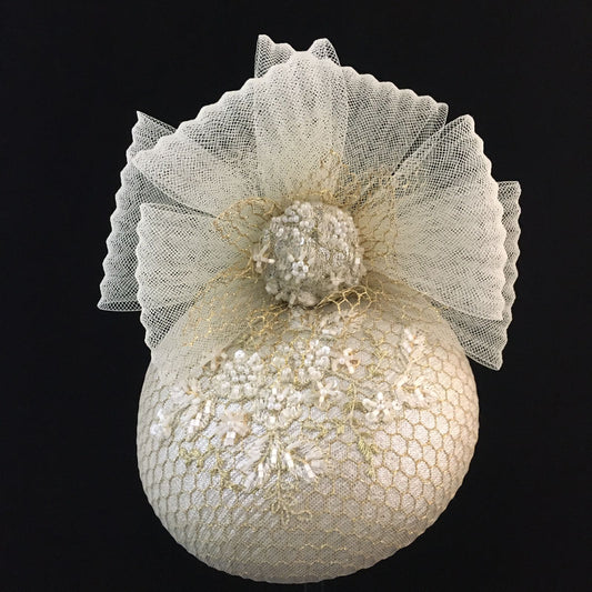 Winona: Cream and Gold Cocktail Dome Fascinator Accented with a Crinoline Bow and Hand Beaded Overlay Fabric