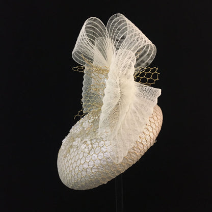 Winona: Cream and Gold Cocktail Dome Fascinator Accented with a Crinoline Bow and Hand Beaded Overlay Fabric