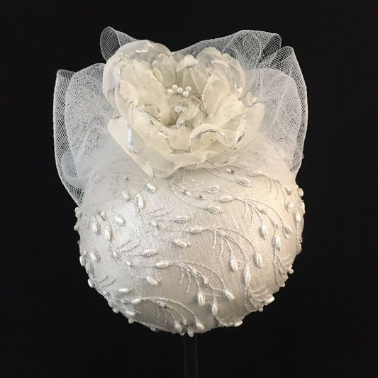 Winslow: Bridal Dome Cocktail Hat Accented with Pearl Beads and Trimmed Handmade and Hand Painted Organza Floral