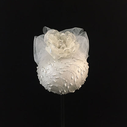Winslow: Bridal Dome Cocktail Hat Accented with Pearl Beads and Trimmed Handmade and Hand Painted Organza Floral